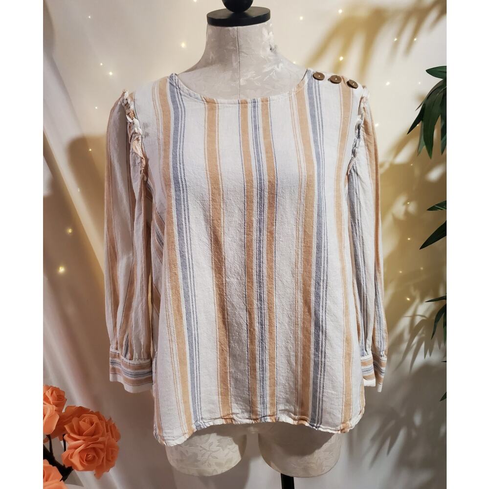 Lauren Conrad Striped Linen Blend Wood Button Accent 3/4 Sleeve Top Size M Boho